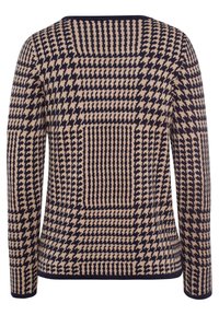 Pull beige et noir à motif pied-de-poule, manches longues, avec col rond côtelé et poignets.
