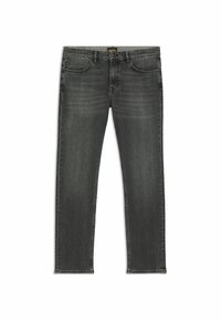 Jeans in denim grigio con un design a gamba dritta, stile a cinque tasche e leggere sfumature, con vita media e dettagli cuciti.