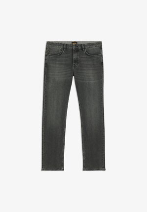 Graue Denim-Jeans mit geradem Bein, fünf Taschen, subtilen Verwaschungen, mittlerer Leibhöhe und gestickten Akzenten.