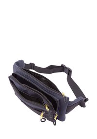 Marsupio blu navy con tre scomparti con zip, tirazip gialli, cinturino regolabile e un tessuto liscio e strutturato.