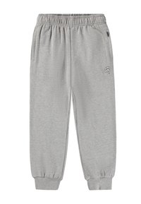 Grijze sweatpants met elastische tailleband, zijzakken en geribbelde boorden. Heeft een klein, geborduurd logo op het bovenste deel van het linkerpijpen.