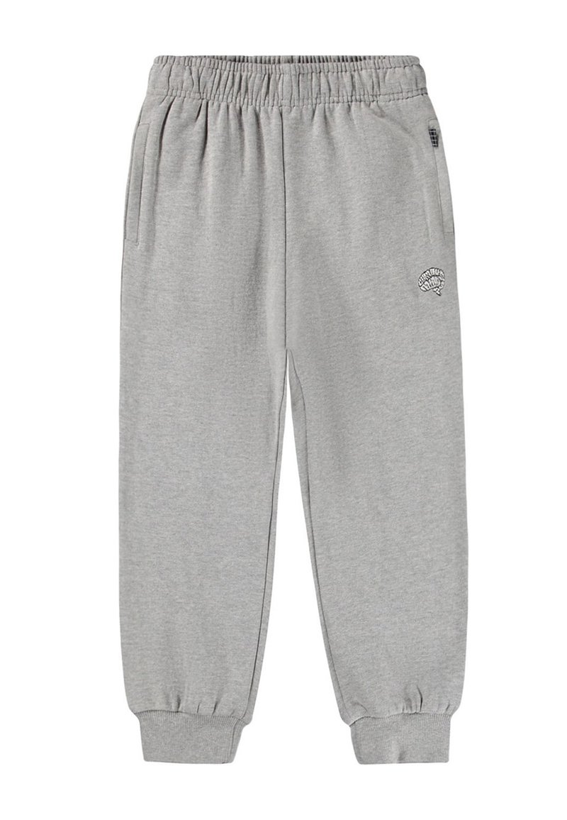 Grijze sweatpants met elastische tailleband, zijzakken en geribbelde boorden. Heeft een klein, geborduurd logo op het bovenste deel van het linkerpijpen.
