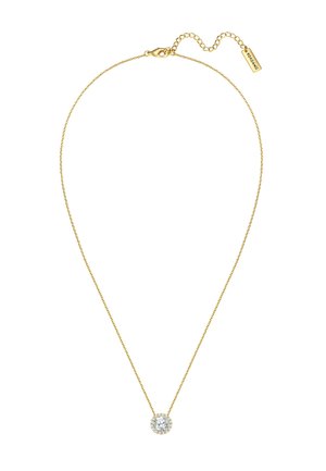 Collier en chaîne en or avec un pendentif en cristal rond et scintillant entouré de pierres plus petites, doté d'un fermoir à homard et d'une chaîne d'extension.