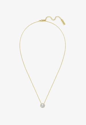 Collier en chaîne en or avec un pendentif en cristal rond et scintillant entouré de pierres plus petites, doté d'un fermoir à homard et d'une chaîne d'extension.