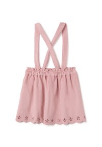Vestido sin mangas rosa con tirantes cruzados, cintura fruncida, dobladillo con forma de escallón y recortes florales a lo largo del borde inferior. Textura de tela suave.