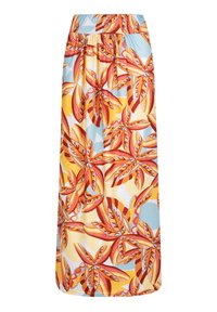 Floral maxi rok in gele, oranje en blauwe tinten. Voorzien van een brede elastische tailleband en een levendig tropisch bladpatroon. Zachte stof.