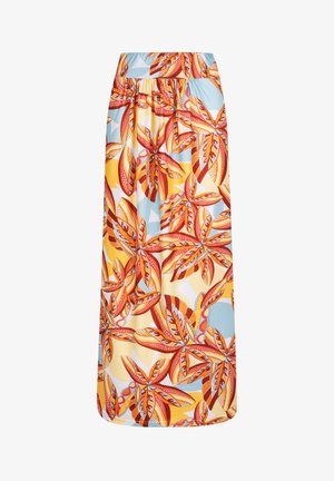 Blomster maxi nederdel i gule, orange og blå nuancer. Har en bred elastisk talje og et levende tropisk blad mønster. Blødt materiale.