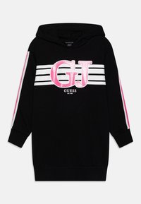 Robe à capuche noire avec des rayures blanches et roses sur les manches. Elle arbore un bold logo "GJ" rose et le texte "GUESS". Fabriquée dans un tissu doux et confortable.