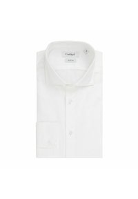 Bílá košile s dlouhým rukávem, strukturovaným límcem, manžetou na jeden knoflík a jemnou texturou. Štítek uvádí "Conbipel, bez proužků."