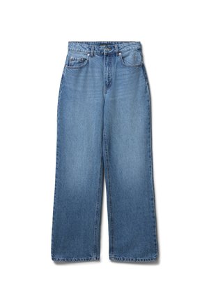 Jeans ampi in denim azzurro chiaro con vita alta, dotati di cinque tasche, chiusura con bottone e leggere sfumature sul tessuto.