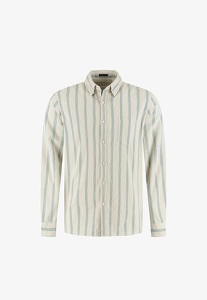 Hosszú ujjú, gombos ing világoskék függőleges csíkokkal egy világos krémszínű háttérrel, elülső mellzsebbe és gallérba foglalt kialakítással.