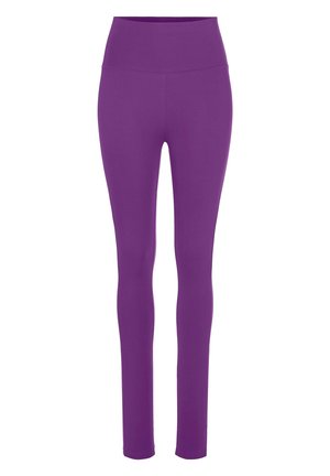 Purple leggings made from stretchy material, featuring a high waistband and a smooth texture, designed for a form-fitting look.