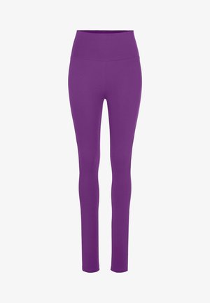 Lila Leggings aus dehnbarem Material, mit hohem Bund und glatter Textur, entworfen für eine figurbetonte Passform.