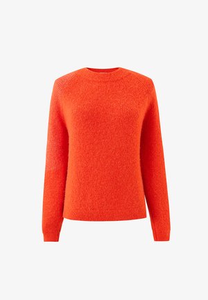 Pull en tricot orange vif à manches longues, avec un col rond et des poignets et un ourlet côtelés, sur un fond blanc.