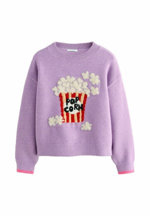 Lilac sweater featuring a red and white popcorn bucket design with fluffy white popcorn accents and pink cuffs. Soft fabric with round neckline.