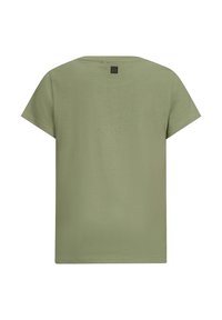 T-shirt verde oliva a maniche corte con collo rotondo, realizzato in morbido cotone, con un piccolo etichetta nera del marchio sul retro del collo.