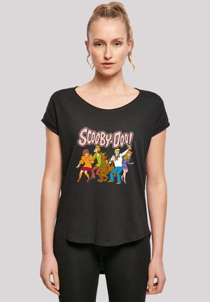 Black short-sleeve t-shirt with a graphic print featuring cartoon characters from "Scooby-Doo," showcasing vibrant colors and playful design.