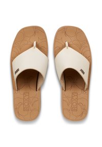 Λευκά σαγιονάρες με φαρδιά λουράκι και λογότυπο, με καφέ υφή στην εσωτερική σόλα που έχει λουλουδένια σχέδια και ελαφριά καμάρα για άνεση.