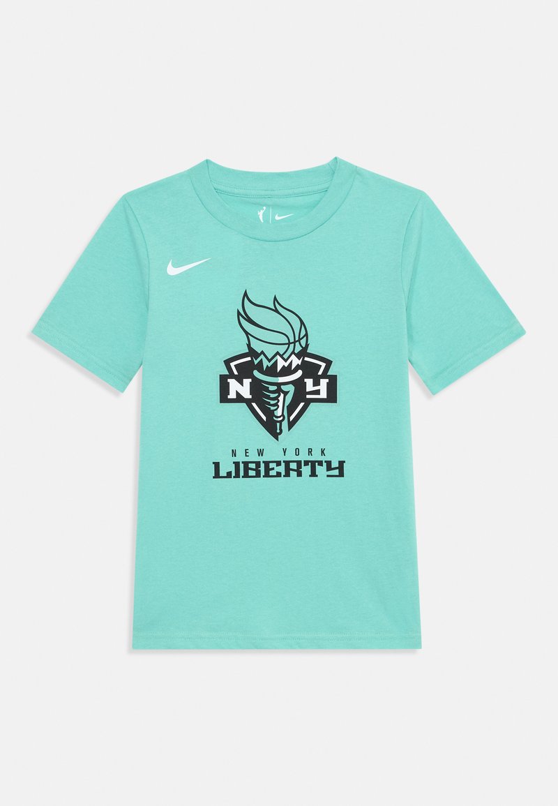 T-shirt vert menthe à manches courtes en coton, arborant un logo graphique noir d'une torche enroulée dans un ballon de basket avec le texte "NEW YORK LIBERTY".