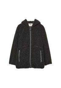 Donkergrijze fleece jas met een capuchon, voorzien van een ritssluiting aan de voorkant en twee ritszakken aan de zijkanten. Zachte textuur en een relaxed pasvorm.
