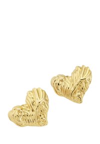 Guldörhängen i hjärtform med en texturerad, vågig yta. Har en polerad yta med organiska detaljer för visuell intress.