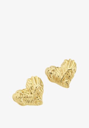 Zlati uhani v obliki srca z teksturirano, valovito površino. Imajo poliran zaključek z organskimi podrobnostmi za vizualno zanimivost.