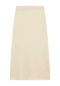 Beiger, knielanger Strickrock mit geradem Schnitt und geripptem elastischem Bund.