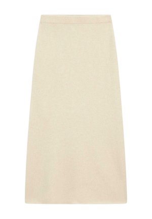 Beiger, knielanger Strickrock mit geradem Schnitt und geripptem elastischem Bund.