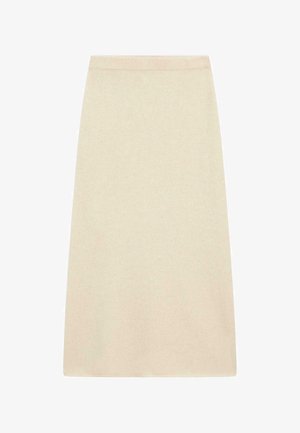 Gonna beige lavorata a maglia fino al ginocchio, con taglio dritto e vita elasticizzata a costine.