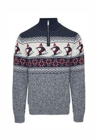 Maglione lavorato a maglia con colletto a mezza zip, caratterizzato da una base blu navy, motivi di pinguini crema e rossi, e una sezione inferiore testurizzata.