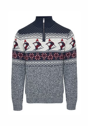 Pull en tricot avec un col zippé mi-hauteur, présentant une base marine, des motifs de manchots crème et rouges, et une section inférieure texturée.