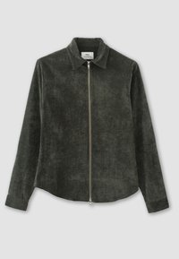 Dunkelgrüne Cordjacke mit Kragen, langen Ärmeln und einem Frontreißverschluss. Glatte Textur mit dezenten Farbvariationen.
