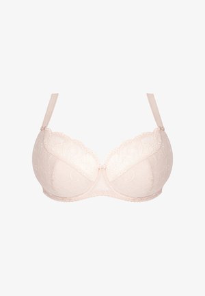 Világos rózsaszín csipkebrá, merevítővel, fodros szélekkel, állítható pántokkal, és kis masnikkal a pántokon és az elülső középen.