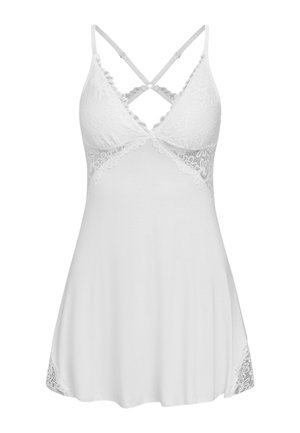 Nuisette blanche en dentelle avec bordure ondulée, bretelles ajustables croisées et panneaux en dentelle sur les côtés et le buste.