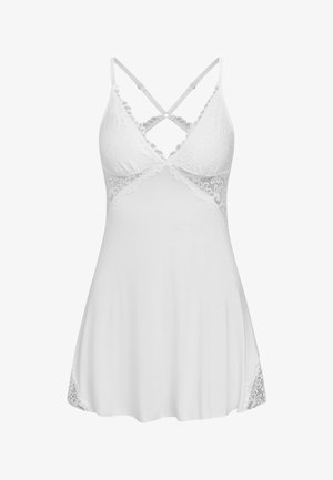 White lace nightdress with scalloped trim, crisscross adjustable shoulder straps, and lace panels on sides and bust.