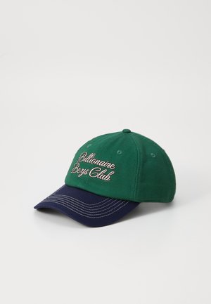Green and navy baseball cap with embroidered "Billionaire Boys Club" lettering, featuring a curved visor and textured fabric.