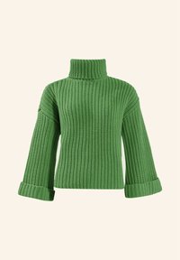 Grüner Strickpullover mit hohem Kragen, weiten Ärmeln und gerippter Textur. Mit umgeschlagenen Bündchen und einer kastigen, lockeren Passform.