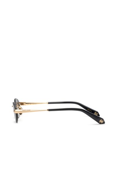 Side view of black and gold Roberto Cavalli sunglasses with thin gold arms and black temple tips featuring gold logo details.
