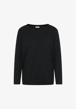 Maglietta nera a maniche lunghe con strisce orizzontali grigie, caratterizzata da un colletto rotondo e un tessuto morbido e testurizzato.