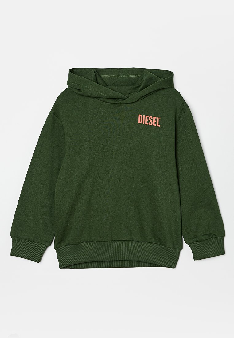 Grüne Kapuzenjacke aus weichem Baumwollstoff. Mit lockerer Passform, langen Ärmeln und einem rosa "DIESEL"-Logo auf der Brust. Mit gerippten Bündchen und Saum.