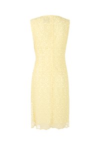 Gelbes Spitzenkleid mit Blumenmuster, taillierte Silhouette und gewelltem Saum. Besitzt ein ärmelloses Design und einen Reißverschluss auf der Rückseite.