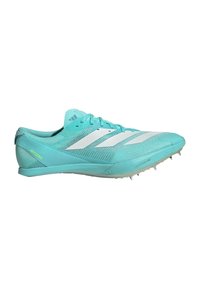 Light blue athletic spikes with a mesh upper, three white stripes, and a sleek design. Features a textured sole with prominent metal spikes.