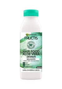 Bottiglia di plastica bianca con un tappo turchese, caratterizzata da dettagli verdi e un'etichetta che indica il balsamo "Hair Food Aloe Vera", 350ml.