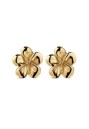 Pair of shiny gold flower-shaped stud earrings with five rounded petals each on a white background.
