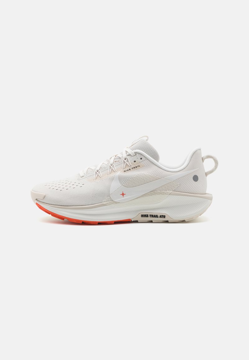 Lightweight running shoe in white mesh, featuring a textured upper, padded collar, reflective accents, and an orange rubber outsole.