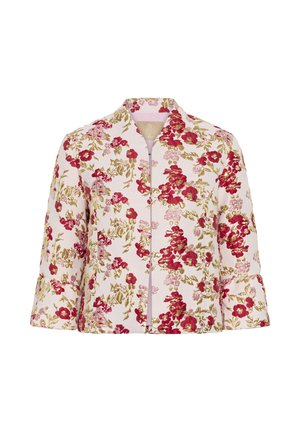 Bunda s kvetinovým potlačou na ružovom pozadí, zdobená červenými a zlatými kvetmi, s dlhými rukávmi, stojačikovým golierom a predným zipsom.