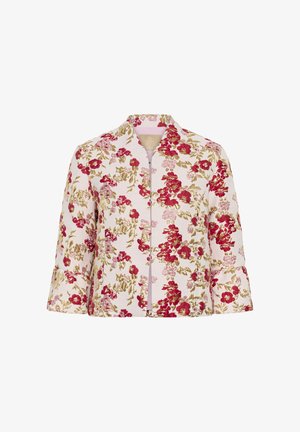 Bunda s kvetinovým potlačou na ružovom pozadí, zdobená červenými a zlatými kvetmi, s dlhými rukávmi, stojačikovým golierom a predným zipsom.