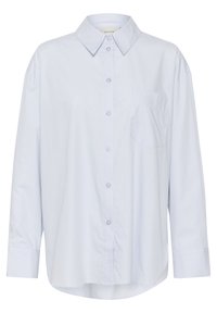 Light blue long-sleeve button-up shirt made of cotton. Features a classic collar, a single chest pocket, and a curved hemline.