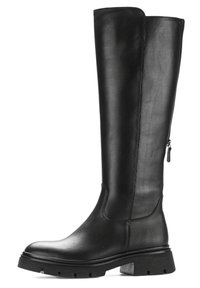 Czarne skórzane botki do kolan z gładką teksturą, okrągłym noskiem, konturowym szwem oraz bocznym zamkiem błyskawicznym na niskim słupku.