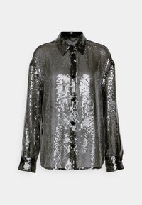 Camicia a maniche lunghe con bottoni, realizzata in brillanti paillettes argento, dotata di colletto a punta e vestibilità comoda con bottoni visibili lungo la parte anteriore.